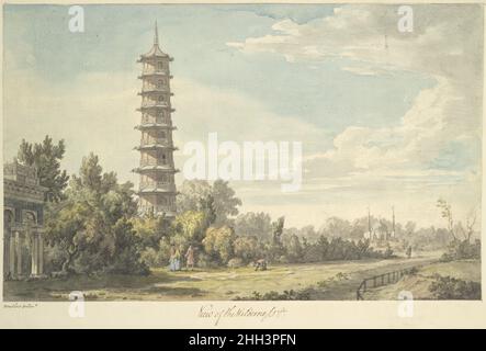 Vue sur la nature à Kew 1763 William Marlow British la magnifique pagode chinoise de Kew Gardens, conçue en 1757 par William Chambers, a toujours attiré beaucoup d'attention.Au milieu du XVIIIe siècle, la pagode a alimenté une rage pour de tels bâtiments dans toute l'Europe, et même aujourd'hui reste l'une des principales attractions touristiques de Londres.Cette feuille fait partie d'un album avec des dessins d'aquarelle délicatement rendus réalisés par Marlow après les dessins de Chambers, plus tard publié comme plans, élévations, sections et vues en perspective des jardins et bâtiments de Kew à Surrey, le siège de son Royal Hig Banque D'Images