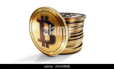Bitcoin avec groupe de pièces isolées sur fond blanc.Symbole de crypto-monnaie numérique décentralisé.3D illustration. Banque D'Images