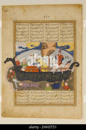 'AMR a les infidèles jetés dans la mer', Folio d'un Khavarannama (le Livre de l'est) d'ibn Hudam al-DIN ca.1476–86 Maulana Muhammad Ibn Hudam ad DIN ce tableau, avec sa palette de couleurs vibrante et son action animée, est tiré d'un manuscrit du Khavarannama (Livre de l'Orient), un rassemblement de contes relatant les aventures de 'Ali ibn Abi Talib, gendre du prophète Mahomet.Ces récits presque imaginaires des exploits de Ali et de ses compagnons contre les démons, les dragons et les rois ont été composés en émulation du grand poète persan, le Shahnama de Firdausi, mais ont l'importance Banque D'Images