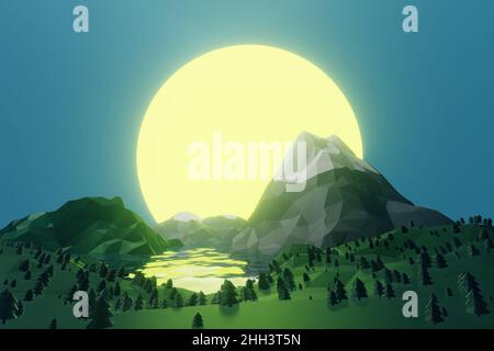 Faible montagnes poly paysage arrière-plan.Formes polygonales pics avec de la neige sur le dessus et des arbres autour.Fond d'écran de coucher de soleil3d illustration du rendu.Retour Banque D'Images