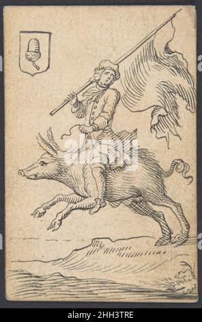 Acorn Knave: Un homme à cheval un Swine 1712 ou plus tard Johannes Brandenberg Swiss.Acorn Knave: A Man Astaride a Swine 380413 artiste: Johannes Brandenberg, Suisse, Zug 1661?1729 Zug, Acorn Knave: A Man Astaride a Swine, 1712 ou plus tard, stylo et encre noire, feuille: 3 9/16 x 2 5/16 po.(9 x 5,9 cm).Metropolitan Museum of Art, New York.Achat, cadeau Jean A. Bonna, 2007 (2007.223.40) Banque D'Images