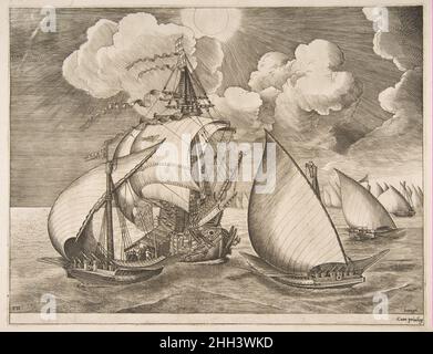Flotte de gallées escortées par une Caravel des navires de voile 1561–65 après Pieter Bruegel l'ancien Netherlandish.Flotte de gallées escortées par une Caravel des navires de voile 338708 Banque D'Images