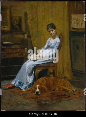 La femme de l'artiste et son Setter Dog ca.1884–89 Thomas Eakins American Eakins commence ce portrait peu de temps après son mariage en janvier 1884 avec son ancienne étudiante, Susan Hannah MacDowell (1851–1938), peintre et photographe de talent.Le cadre est son studio au 1330 Chestnut Street à Philadelphie, où le couple et leur chien, Harry, ont vécu de 1884 à 1886.Un photogravure de la peinture de 1886 révèle une femme plus robuste, suggérant qu’Eakins a remanié le portrait, amplifiant l’effet de l’illumination du puits de lumière.Ces modifications ont peut-être reflété l’angoisse d’Eakins à l’égard de son c Banque D'Images