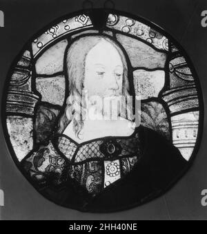 Chef du Christ (un de paire) ca.1500–1510 Maître de la vie de Saint Jean-Baptiste coupe française à partir de plus grandes compositions, les chefs de Christ et de Saint Jean-Baptiste ont été insérés dans les environs de divers morceaux de verre contemporain, coupés et disposés pour suggérer des vêtements, des piliers, de la végétation et du ciel.Actif en tant que peintre de verre à Rouen et ailleurs en Normandie, le maître s'est souvent appuyé sur des dessins d'ateliers parisiens qui ont été diffusés vers 1500.Chef du Christ (un de deux) 193227 Banque D'Images