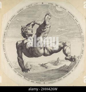 Icarus, des quatre Disgrachers 1588 Hendrick Goltzius Netherlandish ce tondo extraordinaire est l'une des œuvres les plus audacieuses à avoir résulté de la brève collaboration entre Goltzius et le peintre Cornelis Cornelisz van Haarlem.Le lien commun de la série de quatre fallares est que chacun a essayé d'entrer dans le Royaume des dieux et a été puni pour son orgueil.bien qu'il ait travaillé des dessins de Cornelisz, Goltzius devrait être donné autant de crédit que le peintre pour la nature frappante de ces scènes.Ses mouvements de tuméfaction audacieux et maillés confèrent aux figures une présence et un mât puissants Banque D'Images