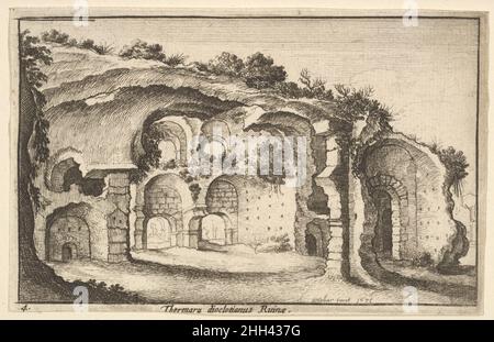 Thermaru diocletiani Ruinae (Thermes de Dioclétien) 1651 Venceslaus Hollar titre bohémien identifie le site comme étant les Thermes de Diolcétien.C'est en fait l'entrée en partie ruinée et surcultivée du Colisée de Rome ; arbre en premier plan à gauche.Thermaru diocletiani Ruinae (bains de Dioclétien) 360678 Banque D'Images