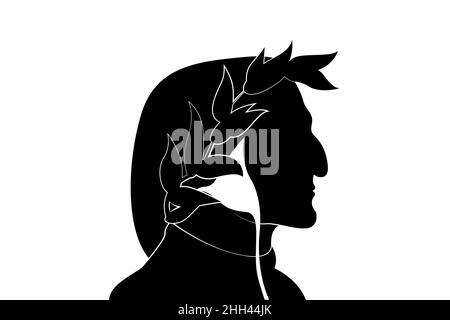 L'écrivain italien poète concept, Dante vector dessin animé noir portrait silhouette, icône Renaissance, conception de logo culturel isolé sur fond blanc Illustration de Vecteur