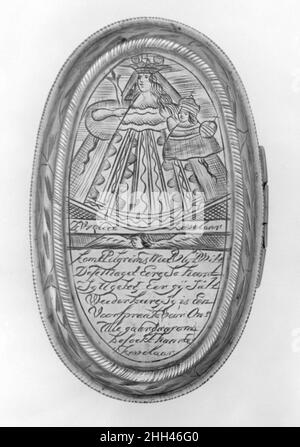 Boîte à tabac fin du 17th siècle flamand une boîte ovale.Le couvercle est gravé avec une représentation de la Madonna et de l'enfant.Inscrit en dessous de ses pieds est: [?]Vroude Kevelaar (Vierge Kevelaer).Une petite tête d'ange surmonte cette inscription, ci-dessous: Komt pèlerins rencontre vlijt wilt dese maget eere so hoort sij u geber, eer gij suit weederkeere, sij is een voorspratak voor ons gaar daarom besoekt haar te kevelaar (venez pèlerins, honorez cette vierge avec diligence;ensuite, elle entendra votre prière avant votre retour.Elle est la défenseure pour nous tous, donc visitez-la à Kevelaer).Le dessous porte un im Banque D'Images