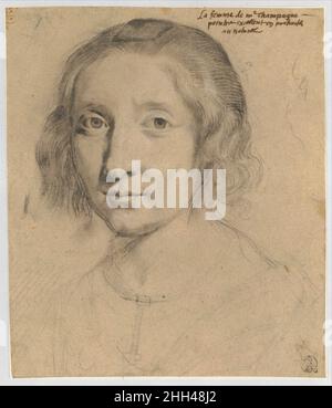 Portrait de Charlotte Duchesne ca.1628 Philippe de Champaigne Français bien que l'inscription soit probablement postérieure à la vie de l'artiste, il n'y a aucune raison de douter que cette feuille soit un portrait tiré de la vie de l'épouse de Philippe de Champaigne, Charlotte Duchesne, fille du peintre Nicolas Duchesne,Qui avait engagé le jeune artiste flamand pour aider à la décoration du Palais de Luxembourg pour Marie de' Medici peu après son arrivée à Paris.Il s'agit d'une étude pour une peinture à l'huile de buste dans le Musée Bowes, le château de Barnard, qui, avant le dessin du Metropolitan est venu à la lumière en 1 Banque D'Images