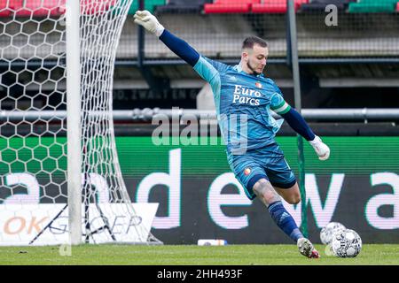 NIJMEGEN, PAYS-BAS - JANVIER 23 : gardien de but Justin Bijlow de Feyenoord pendant le match néerlandais Eredivisie entre N.E.C. et Feyenoord à Goffertstadion le 23 janvier 2022 à Nimègue, pays-Bas (photo de Broer van den Boom/Orange Pictures) Banque D'Images