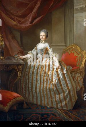 Maria Luisa de Parme (1751–1819), plus tard reine d'Espagne 1765 Laurent Pécheux Français bien qu'elle soit née en France, Pécheux est appelée à Parme, en Italie, en 1765 pour peindre un portrait de la princesse Maria Luisa de Bourbon-Parme pour la famille de son fiancé, le prince des Asturies, plus tard Charles IV d'Espagne.Maria Luisa, petite-fille de Philippe V d'Espagne et de Louis XV de France, porte la décoration de l'ordre des Habsbourg de la Croix-Étoilée accrochée à sa robe et tient un tabac à priser avec une miniature de son futur mari dans sa main droite.L'impressionnante chaise fait partie d'une suite pensée commandée à Paris, Banque D'Images