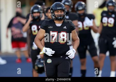 22 janvier 2022 - l'équipe Mauka, joueur de ligne défensif Mikey Agasiva #78 (Mililani HS/) lors des présentations avant le Polynesian Bowl, au stade KÅ«nuiÄkea, sur le campus Kamehameha Schools KapÄlama à Honolulu, Hawaï - Andrew Lee/CSM Banque D'Images