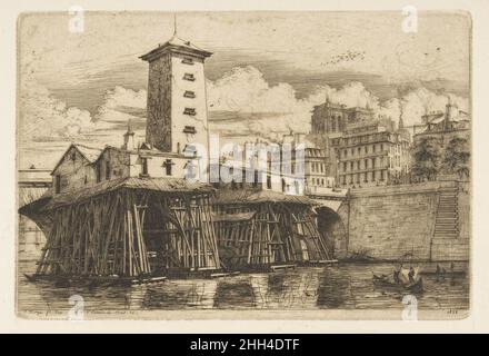 La pompe notre-Dame, Paris 1852 Charles Meryon Français la démolition de la pompe à eau sur le pont notre-Dame, commandée par le gouvernement municipal de Paris en 1851, a encouragé Meryon à choisir l'ancienne structure comme sujet de gravure l'année suivante.Dans le cadre du plan mis en place par l'empereur Napoléon III pour améliorer les infrastructures de la ville, le système d'approvisionnement en eau a été remanié, ce qui a fait fonctionner cette pompe du XVIIe siècle.Meryon écrivit en 1853 son regret de sa destruction, parce que la pompe avait été une « chose inhabituelle et curieuse » dans une ville qui devenait « plus régulière et plus régulière ». Banque D'Images