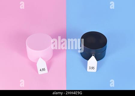 Concept de taxe rose montrant des crèmes faciales roses et noires destinées à des sexes spécifiques avec des étiquettes de prix différentes Banque D'Images
