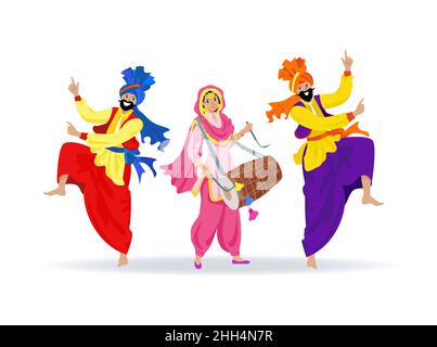 Trois personnes sikhes souriantes vêlées de vêtements colorés, dansant des hommes barbus sautant dans des turbans, heureuse fille riant en costume punjabi jouant dhol tambour Illustration de Vecteur