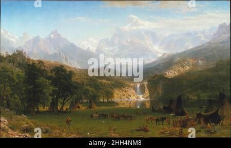 Les montagnes Rocheuses, Lander's Peak 1863 Albert Bierstadt American cette espèce et d'autres toiles populaires de l'allemand Albert Bierstadt ont façonné l'identité visuelle de l'Ouest américain aux États-Unis et à l'étranger.Au début de 1859, il accompagne une expédition d'enquête gouvernementale, dirigée par Frederick W. Lander, dans le territoire du Nebraska.L'été, la fête avait atteint la chaîne de Wind River des montagnes Rocheuses dans le Wyoming actuel.Peint à New York après le retour de Bierstadt de ces voyages, ce travail annonçait le paysage comme une frontière destinée à être revendiquée par les colons blancs, selon lui Banque D'Images