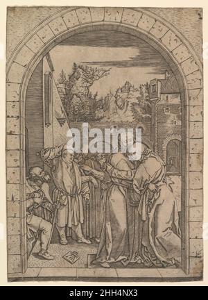 Joachim embrassant Sainte Anne sous la porte d'or de Jérusalem, après Dürer ca.1500–1534 Marcantonio Raimondi Italien.Joachim embrassant Sainte Anne sous la porte d'or de Jérusalem, après Dürer 342706 Banque D'Images