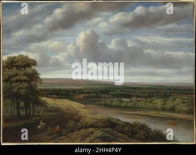 Un vaste paysage boisé 1670s Philips Koninck Dutch la topographie de cette œuvre récente de Koninck a probablement été inspirée par la province néerlandaise de Gelderland à l'est, mais elle est néanmoins imaginaire.Les paysagistes néerlandais ont généralement fait leurs vues dans le studio, souvent en utilisant des dessins de la nature pour des motifs particuliers.Un paysage fluvial de 1676 dans le Rijksmuseum, Amsterdam, est très similaire dans la composition, et présente le même élégant bateau de chasse, un Jacht (yacht), à droite.Un vaste paysage boisé 436831 Banque D'Images