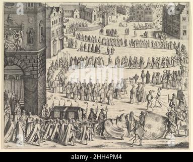 Funérailles du général Johan Baptiste von taxis (de Jules Chifflet, les marques d'honneur de la Maison de Tassis, Anvers, 1645) 1645 Venceslaus Holar Bohemian après Nicolas van de Horst..procession funéraire de Juan Baptista de taxis à Cologne;le cercueil est réalisé du palais épiscopal au premier plan à gauche, précédé d'un cheval drapé et d'un porteur de drapeau, d'une longue procession serpenting sur la place en face du palais.Funérailles du général Johan Baptiste von taxis (de Jules Chifflet, « les marques d'honneur de la Maison de Tassis », Anvers, 1645) 361776 Banque D'Images