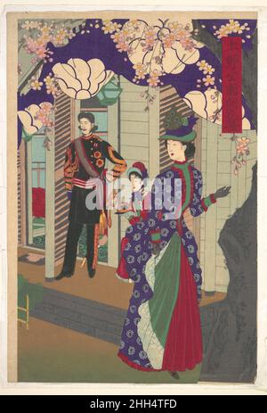 Cerisiers en fleurs dans le parc Ueno (Ueno kōen kaika zu) 1888 Yōshū (Hashimoto) Chikanobu Japonais de fin 1880s et 1890s, des reproductions représentant le couple impérial sur les sorties et assister à d'autres événements publics ont souvent eu une fonction didactique ostentatoire.Ils ont dépeint l'empereur et l'impératrice comme chefs d'une famille nucléaire modèle et ont cherché à montrer que le couple a favorisé l'industrialisation du Japon.Ici, ils apprécient le passe-temps traditionnel de voir les cerisiers en fleurs dans le parc Ueno, qui a ouvert au public en 1876 dans la ville moderne en évolution rapide de Tokyo.Cerisiers en fleurs à Ueno Banque D'Images