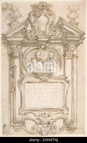 Design pour un Epitaph 1652–1725 Giovanni Battista Foggini Italien.Design pour une Epitaph.Giovanni Battista Foggini (italien, Florence 1652–1725 Florence).1652–1725.Stylo et encre marron clair, brosse et lavage gris-brun, sur des traces de craie noire Banque D'Images