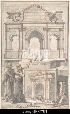 Une reconstruction de l'Arche de Gallienus (ci-dessus) et une vue des ruines (ci-dessous) avant le 1704 Jan Goeree Dutch.Reconstruction de l'Arche de Gallienus (ci-dessus) et vue des ruines (ci-dessous) 336120 Banque D'Images