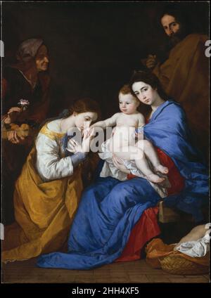 La Sainte famille avec les Saints Anne et Catherine d’Alexandrie 1648 Jusepe de Ribera (appelée Lo Spagnoletto) Espagnol Chef d’œuvre de la maturité de l’artiste, cette peinture combine le natualisme et la qualité de la présence physique associée au Caravaggio avec la langue officielle élevée de Raphaël.Espagnol de naissance, Ribera a vécu toute sa vie adulte à Rome et à Naples, puis fait partie de l'Empire espagnol.Au cours de ses premières années à Rome, il a adopté la pratique de Caravaggio consistant à travailler directement à partir de modèles posés, lui permettant d’offrir une présence dynamique à des personnalités vivant dans un Royaume sacré.Célèbre dans son o Banque D'Images