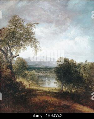 Un aperçu de la rivière ca.1843–50 Thomas Doughty américain Originaire de Philadelphie, Doughty représente un lien entre le style pastoral du XVIIIe siècle de la peinture de paysage importée d'Angleterre et la langue passionnée de la sublime introduite plus tard par Thomas Cole, fondateur de l'école de Hudson River.Doughty a parfois essayé d’imiter le style de son successeur plus célèbre, comme dans l’expressivité ensanglantée du plus grand arbre de cette image, mais il ne pouvait jamais renoncer à la modestie d’arrangement et de toucher qui distillait, même à partir d’un site spécifique, un « aperçu de la rivière ».A Rivière G Banque D'Images