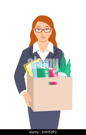 Une jeune femme au chômage a été congédiée.Triste employée de bureau sans emploi tient boîte avec des choses personnelles.Mécontent visage contrarié inquiet de la perte d'emploi.Chômage Illustration de Vecteur