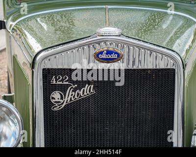 Palavsky Oldtimer, le spectacle de rallye d'époque à Winery Zajeci, en Tchéquie.27th août 2021.Vintage Skoda 422, détail plus frais.Voitures historiques Open comp Banque D'Images