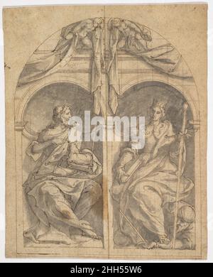 Deux ailes d'un retable représentant les saints Jean-Baptiste et Catherine dans des niches surmontées par les Anges à la mi-16th siècle Jan van Scorel Netherlandish.Deux ailes d'un retable représentant les saints Jean-Baptiste et Catherine dans des niches surmontées par les Anges 418343 Banque D'Images