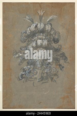 Design pour un somptueux Headdress avec des plumes sur un casque (vue frontale) CA.1620–56 peut-être par Baccio del Bianco Italian Design for a headdress, montré de l'avant.L'adresse est composée de trois niveaux de plumes extrêmement grandes et est surmontée de trois plumes.Design pour un somptueux Headdress avec des plumes sur un casque (vue frontale) 410330 Banque D'Images