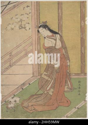 Onna San no Miya (la troisième Princesse) 1768–70 Suzuki Harunobu Japonais pour les mécènes sophistiqués de Harunobu, cette scène calme et déceptivement d'une beauté de palais lors d'une journée de printemps a invoqué l'une des tragédies les plus émouvante de la littérature classique.La jeune femme en costume aristocratique avec son chat vivant apparaît fréquemment dans ukiyo-e et rappelle un incident crucial dans le début du XIe siècle roman de Genji, le 'prince héritier' qui personnifiait l'idéal de la cour Heian de sensibilité esthétique et de discernement dans la conduite de la vie personnelle et publique.La silhouette de poupée avec de longs cheveux coulant et de la traînée Banque D'Images