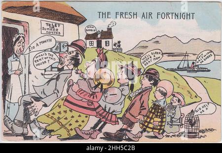 « The Fresh Air fortnight » : caricature montrant une famille écossaise de classe ouvrière réagissant avec horreur au prix élevé d'un hébergement de vacances à côté d'un Loch (avec un bateau à vapeur amarré).La carte postale a été publiée à Glasgow et affichée en 1905 Banque D'Images