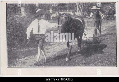 Maison nationale des enfants et orphelinat, fauchant la pelouse au Sanatorium des enfants, Harpenden, Hertfordshire, début du 20th siècle.Enfants utilisant une tondeuse à gazon tirée par des chevaux Banque D'Images