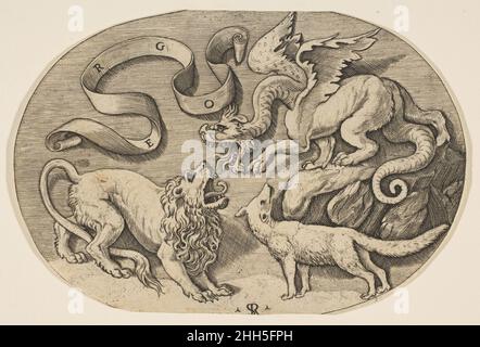 Un lion, un dragon et un renard se battant, un bandérole inscrit au-dessus, une composition ovale ca.1515–27 Marco Dente Italien.Un lion, un dragon et un renard se battant, un bandérole inscrit au-dessus, une composition ovale 342509 Banque D'Images