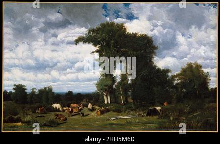 Paysage avec le bétail au Limousin 1837 Jules Dupré Français contrairement à de nombreux peintres de Barbizon qui se sont rendus en Italie ou dans toute la France pour une formation pratique, Dupre s'est rendu en Angleterre en 1834 pour une courte mais critique période d'étude.C’est là qu’il a rencontré Constable, un artiste de paysage britannique de renom, et qu’il a commencé à imiter le sens du mouvement et de l’énergie présents dans les paysages de Constable.Peint plusieurs années après son voyage en Angleterre, ce paysage est dynamique : le mouvement s'agite parmi les bovins en pâturage et à travers les feuilles des arbres.Les nuages blancs lumineux donnent la place à d Banque D'Images