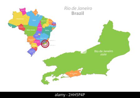 Rio de Janeiro carte état et ville avec la division administrative du Brésil, régions individuelles séparées avec des noms, carte couleur isolée sur fond blanc Illustration de Vecteur