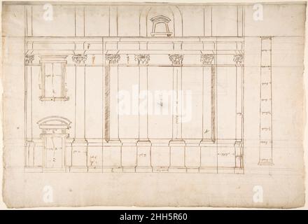 Santa Maria Maggiore, Chapelle Sforza, altitude (recto) inconnue, entablature, corniche partielle,Et le profil de base de colonne ou de pilaster (verso) du début au milieu du 16th siècle dessiné par Anonyme, Français, 16th siècle français.Santa Maria Maggiore, Chapelle Sforza, altitude (recto) inconnue, entablature, corniche partielle,et profil de base de colonne ou de pilaster (verso) 360473 Banque D'Images