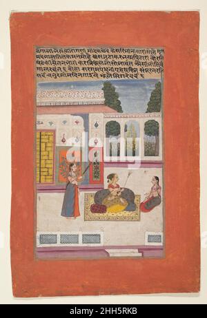 Bangali Ragini: Folio d'une série de ragamala (Garland des modes musicaux) 1709 Inde (Rajasthan, Amber) le texte de ragamala d'Amber dont cette œuvre fait partie offre la description suivante de ce ragini: "Son sari, imprégné de kesara [safran], est enchanteur.[Son] marque de caste musqué au front ensorge l'esprit.[La femme a] caché des serrures et des cendres dans elle[?]paumes.[Elle a] des srikmains étalés [pâte blanche de bois de santal] sur tout son corps.Le trident dans son bras est resplendissant.Telle est la beauté de Bangali ».Bangali Ragini: Folio d'une série de ragamala (Garland des modes musicaux).IND Banque D'Images