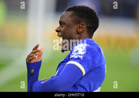 LEICESTER, ROYAUME-UNI.23rd JANV. Patson Daka de Leicester City fête ses célébrations après avoir atteint son objectif du faire 1-0 lors du match de la Premier League entre Leicester City et Brighton et Hove Albion au King Power Stadium de Leicester, le dimanche 23rd janvier 2022.(Credit: Jon Hobley | MI News) Credit: MI News & Sport /Alay Live News Banque D'Images
