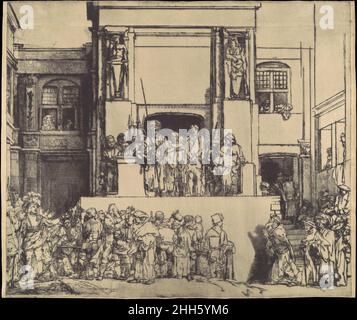 Le Christ a présenté au peuple 1655 Rembrandt (Rembrandt van Rijn) Néerlandais le gouverneur romain Ponce Pilate, sur le dais, pointe vers le Christ à ses côtés pour demander au peuple s'il doit libérer Barrabas ou Christ (Matthieu 27:21–23).Tout aussi fascinants que le sujet central de cette puissante impression sont les personnages, les attitudes et les poses variés que l'on retrouve dans la foule des spectateurs qui assistent à l'événement depuis la rue en dessous et les fenêtres environnantes.Rembrandt a composé cette impression entièrement en point sec, ce qui explique la qualité veloutée de nombreuses lignes.Avec pointe sèche, Banque D'Images