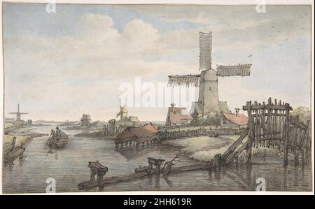 Vue sur un canal avec trois moulins à vent de la fin de 18th au début du 19th siècle Jan Hulswitt Dutch.Vue sur un canal avec trois moulins à vent.Jan Hulswitt (néerlandais, Amsterdam 1766–1822 Nieuwer-Amstel). Fin 18th–début 19th siècle.Stylo et encre marron, aquarelle, sur un croquis de craie noire.Ligne de cadrage au stylo et à l'encre brune.Mises en plan Banque D'Images