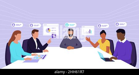 Équipe d'entreprise ayant une réunion dans une salle de bureau virtuelle : espace de travail numérique, travail à distance et concept de travail d'équipe Illustration de Vecteur