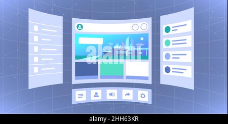 Interface utilisateur d'écrans virtuels tridimensionnels, espace de travail numérique et concept VR Illustration de Vecteur