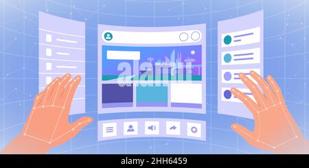 Interaction de l'utilisateur avec les écrans virtuels tridimensionnels, VR et concept d'espace de travail virtuel Illustration de Vecteur