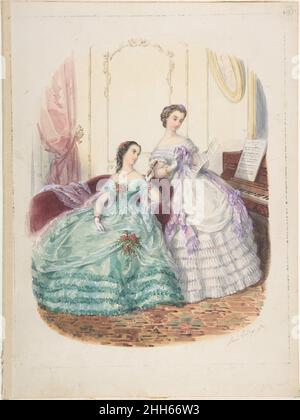 Étude de mode: Deux femmes en robe de soirée ca.1860 Adèle-Anaïs Toudouze Français.Étude de mode : deux femmes en robe de soirée.Adèle-Anaïs Toudouze (Français, Paris 1822–1899 Paris). Env.1860. Aquarelle sur graphite.Mises en plan Banque D'Images