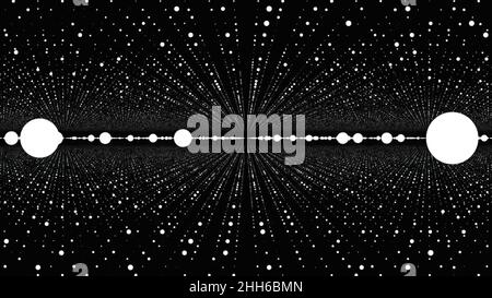 Les points sur une surface de grille se déplacent et se tordent de l'ordre au chaos.Les points se dispersent dans l'espace.Technologie abstraite plexus fantasy, données, mouvement d'ingénierie Banque D'Images