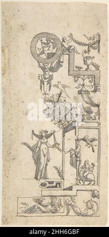 Grotesque avec une figure de victoire sous un Pergola surcultivé 1540 après Anonyme, Italien, 16th siècle Italien deux tiers d'un grotesque, copié après une impression faite par Cornelis Metsys vers 1540.Le design est caractérisé par une structure architecturale fantastique avec et arqué pergola dans son centre.Sous la pergola une figure de victoire femelle est visible.Elle est flanquée d'un terme masculin, qui porte une partie de la structure architecturale, et d'un garçon qui monte sur une chèvre.Couronnement de la structure est une cocarde avec une image d'un homme bandés, se préparant à tirer une flèche.Grotesque avec une figure de victoire Banque D'Images