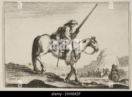 Planche 12: Un soldat à cheval, tenant un mousquet dans sa main droite, en profil descendant une pente vers la droite, d'autres soldats à cheval à droite en arrière-plan, de 'Diagrable diversité de figures) 1642 après Stefano della Bella Italian.Planche 12: Un soldat à cheval, tenant un mousquet dans sa main droite, en profil descendant une pente vers la droite, d'autres soldats à cheval vers la droite en arrière-plan, de 'diversity Figuress' (agrable diversité des figures) 376408 Banque D'Images